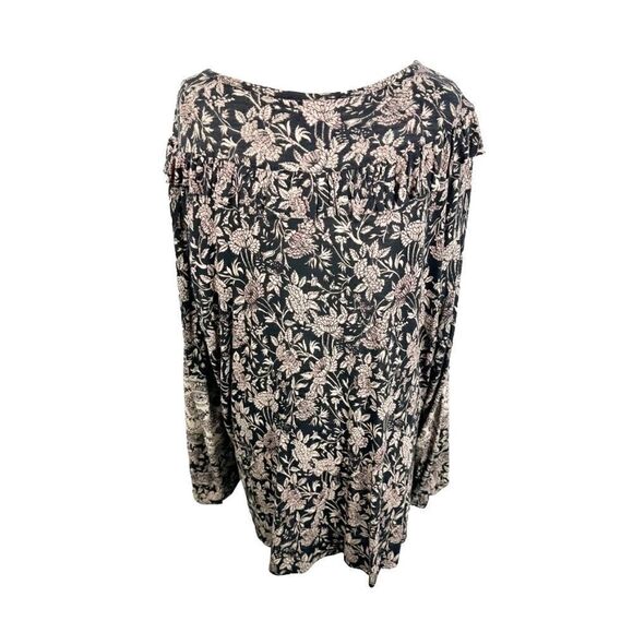 Lucky Brand Knit Tunic Top Keyhole Button Neck Ruffle Trim Black Floral Size 3X - Picture 8 of 11